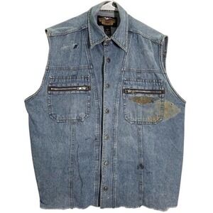 Vintage Harley Davidson Mens Denim Vest Light Wash Distressed Raw Hem Large